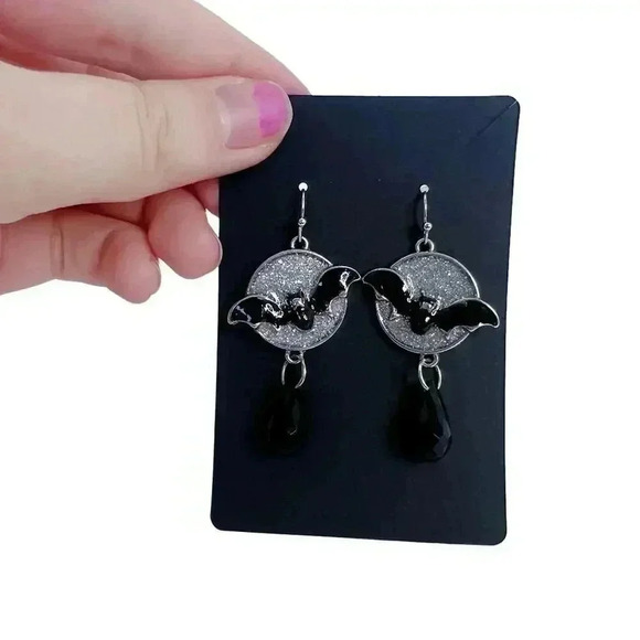 Bat Earrings Silver Sparkly Statement Dangling Earrings Halloween Gothic - Picture 1 of 4